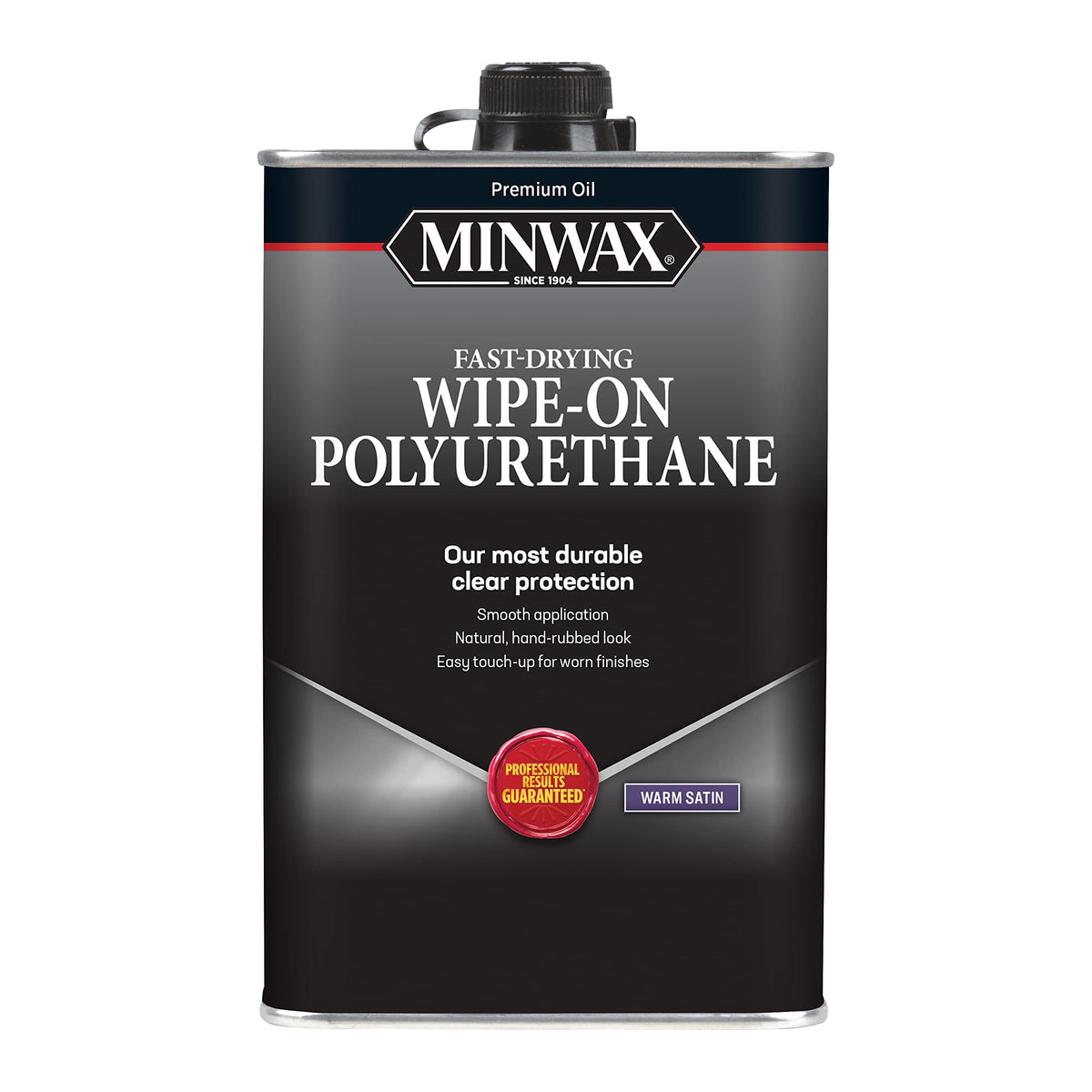 Minwax Wipe-On Polyurethane satin bottle showing durable wood protection in a stylish package