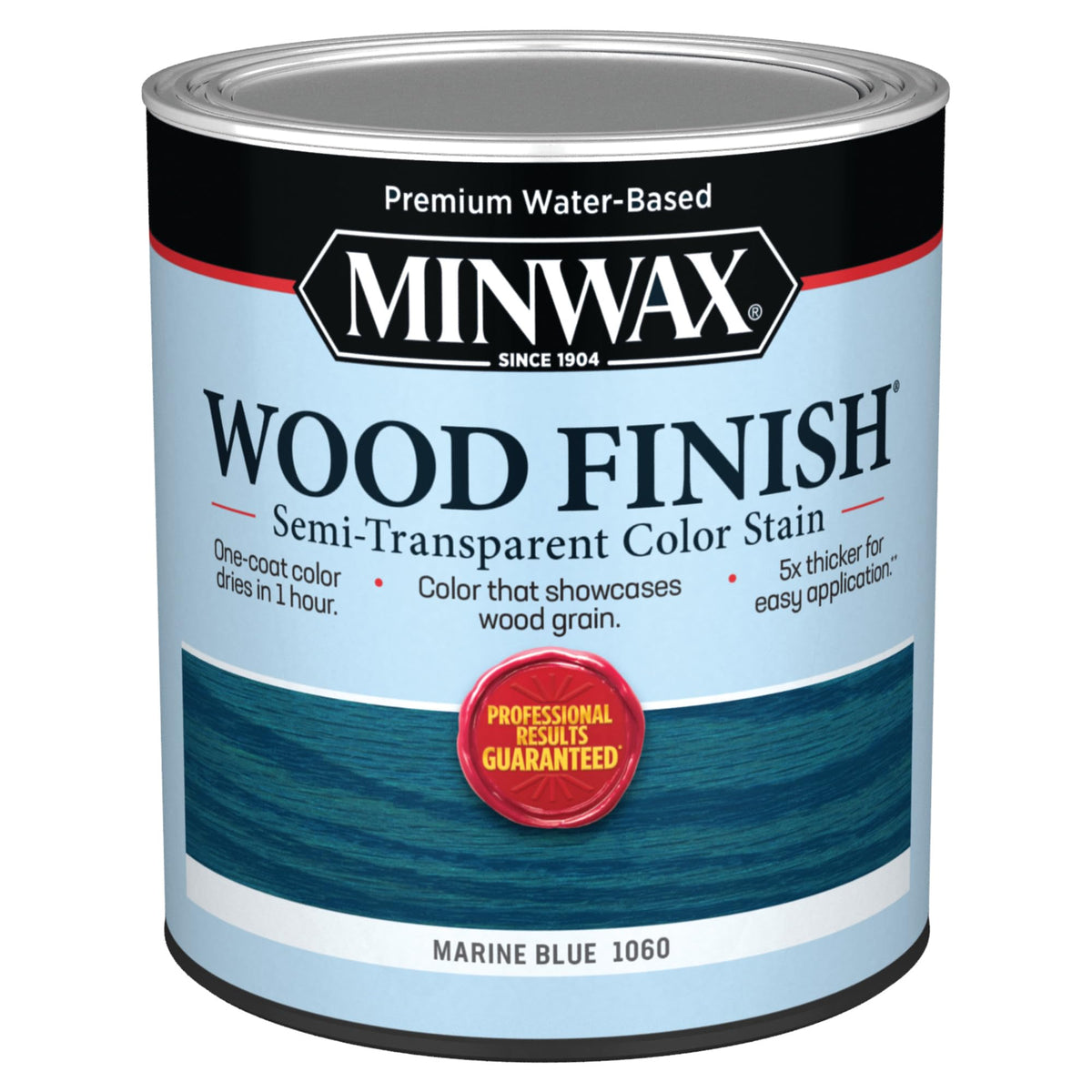 Minwax Wood Finish Marine Blue application highlights color and wood grain.