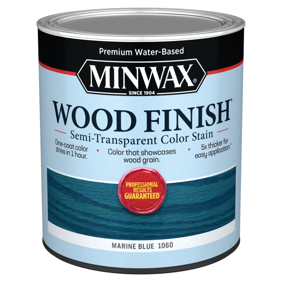 Minwax Wood Finish Marine Blue application highlights color and wood grain.