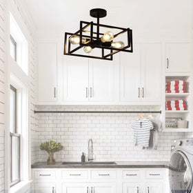 Minyuco industrial black ceiling light with square frame adds modern rustic charm.