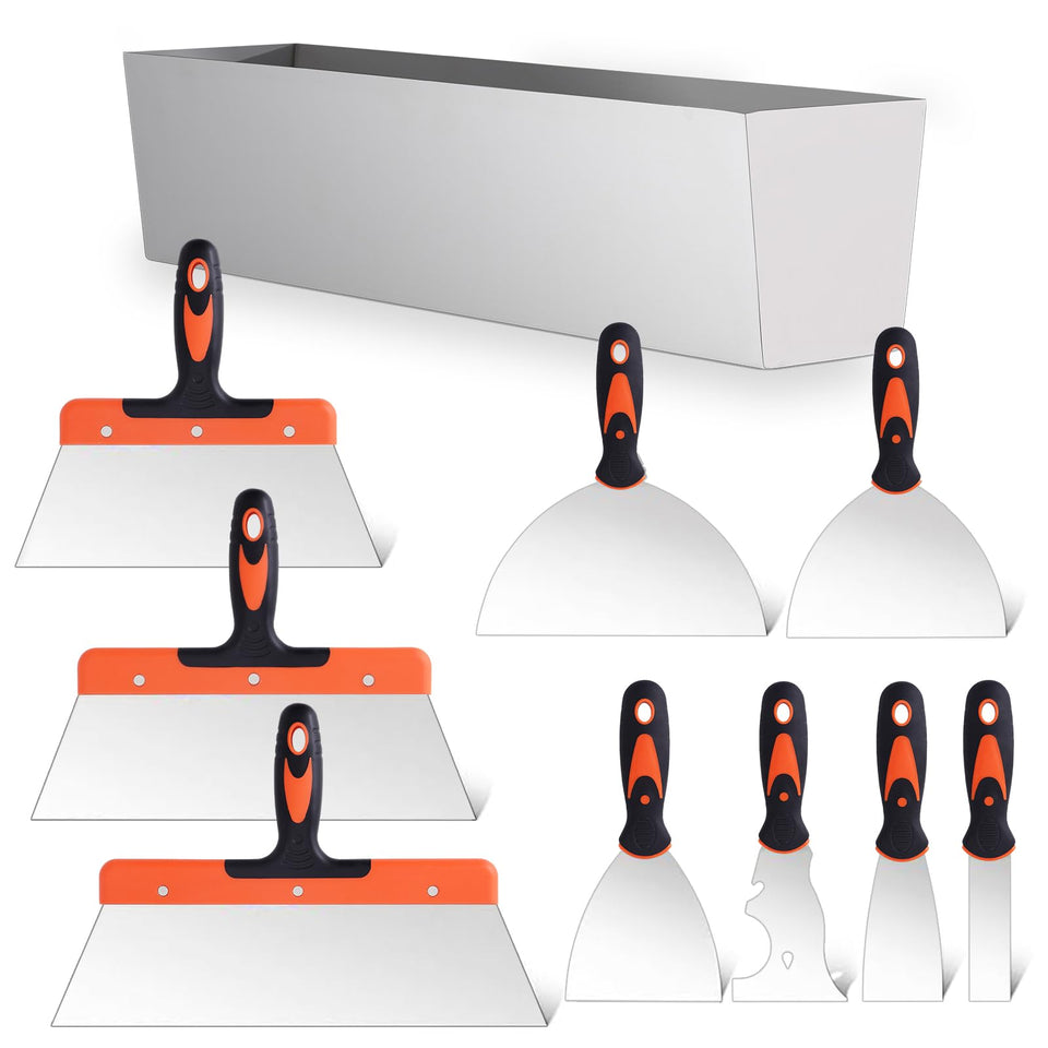 Miofth drywall knife set collection showing multiple blades for precise edging and finishing.