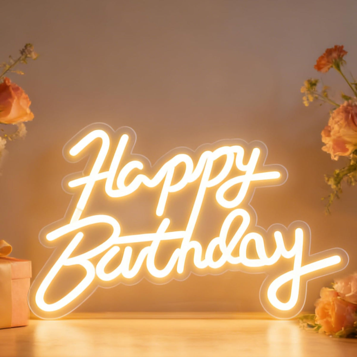 Miootly Happy Birthday Neon Sign on wall backdrop for photo-worthy celebrations.