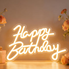 Miootly Happy Birthday Neon Sign on wall backdrop for photo-worthy celebrations.