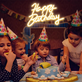 Miootly LED sign with warm white glow and brightness settings enhances party mood.