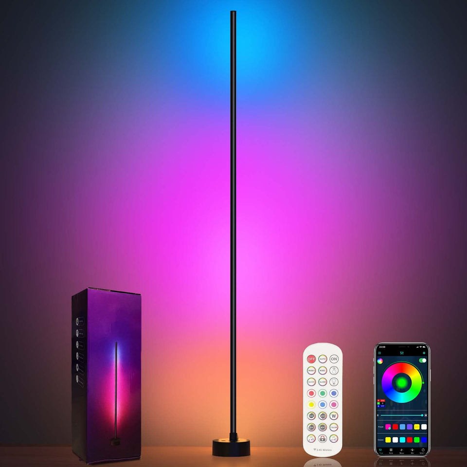 Miortior corner floor lamp in a living room emitting warm ambient light
