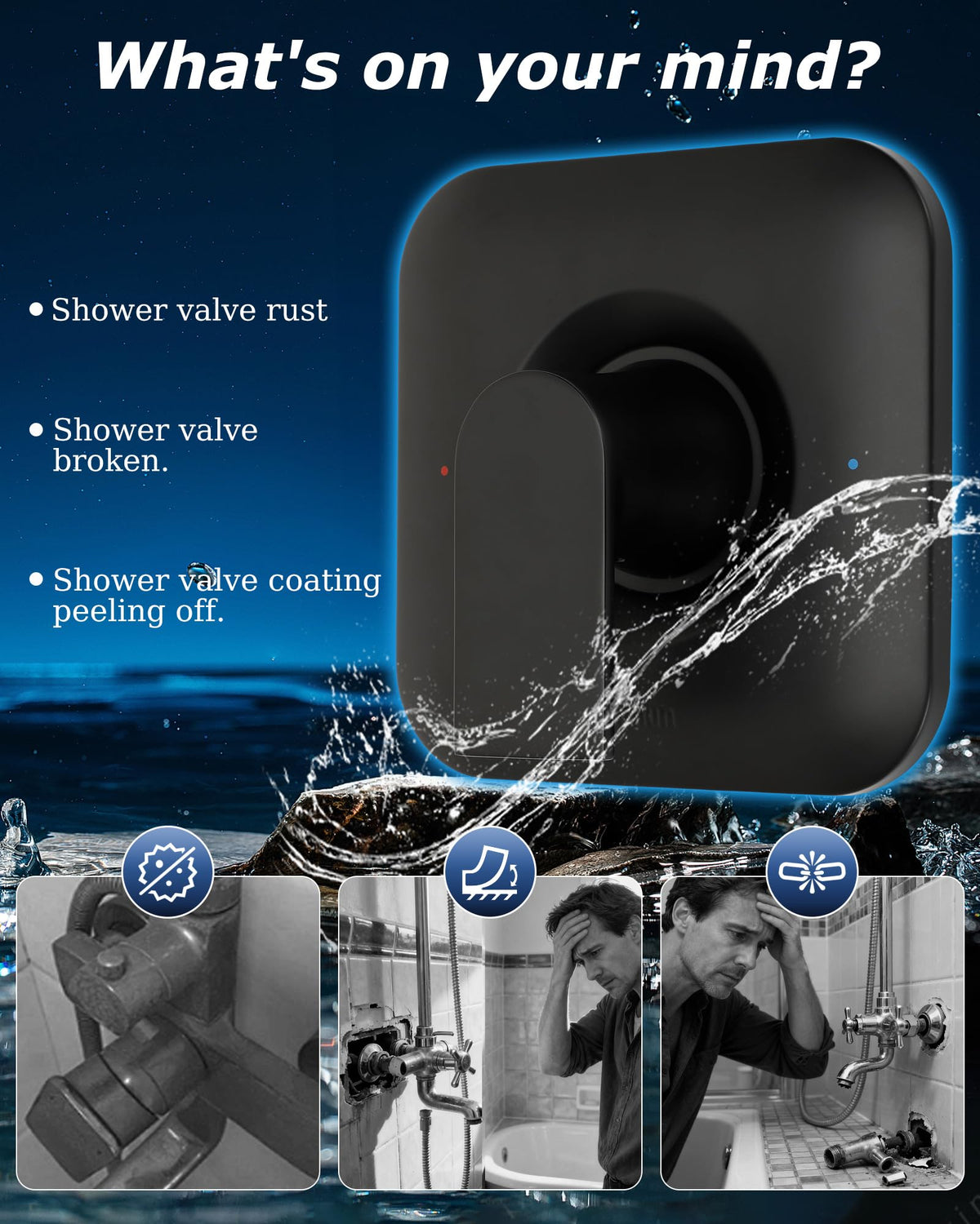 Miory matte black shower trim with square design for Moen PosiTemp valves.