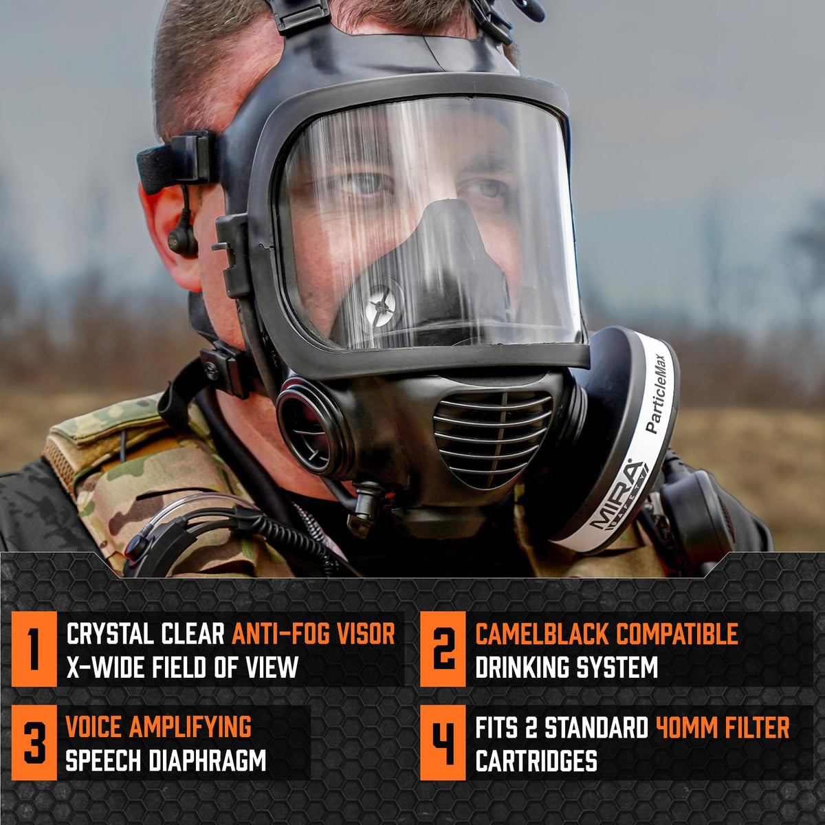 Mira Safety CM-6M drinking system enabling hydration during drills.