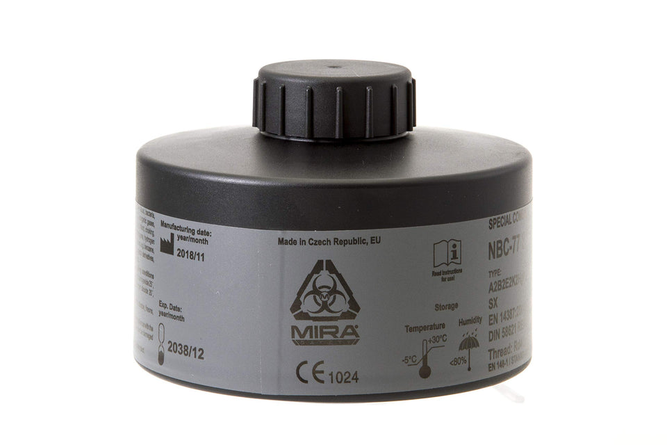 MIRA Safety NBC-77 SOF filter body showing 40mm compatibility for gas masks