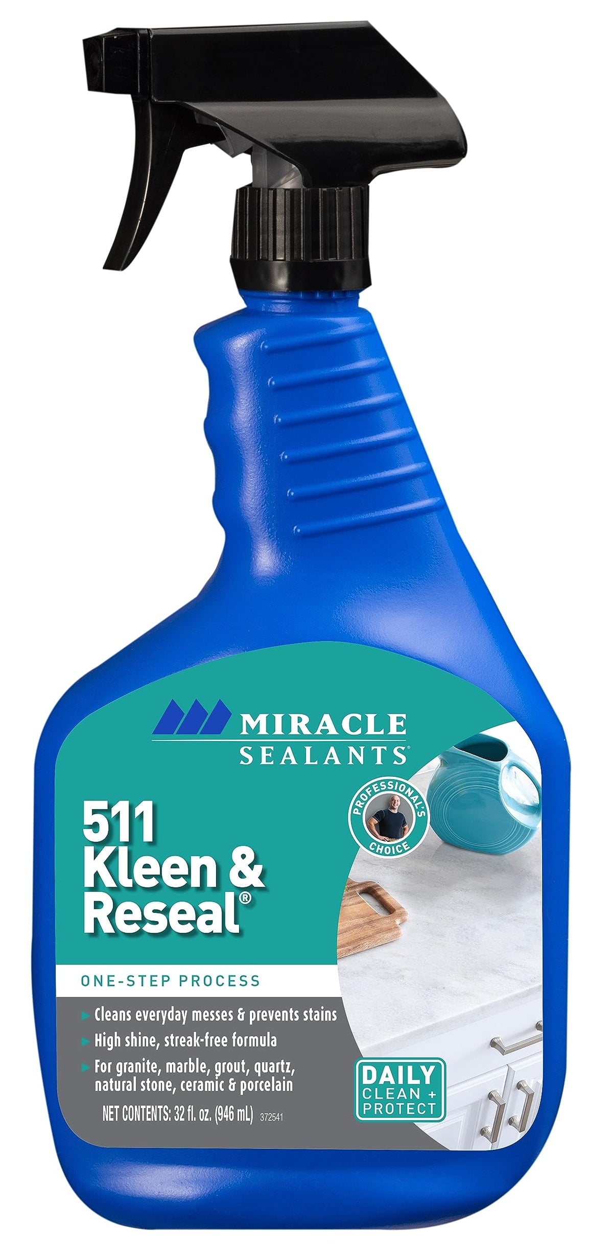 Miracle Sealants 511 Kleen & Reseal bottle pour demonstrates quick, no-rinse cleaning for stone surfaces.