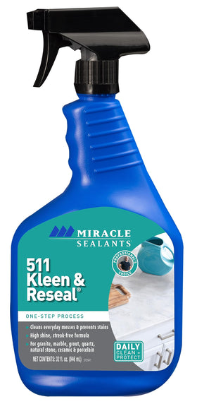 Miracle Sealants 511 Kleen & Reseal bottle pour demonstrates quick, no-rinse cleaning for stone surfaces.
