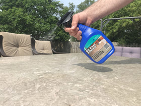 Miracle Sealants 511 Kleen & Reseal spray application shows easy one-step maintenance on countertops and tile.