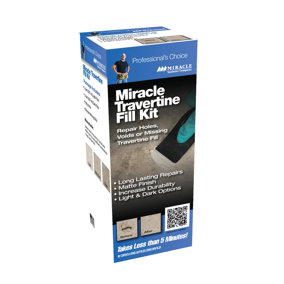 Miracle Sealants Travertine Fill Kit with light filler for color-matched repairs on travertine surfaces.