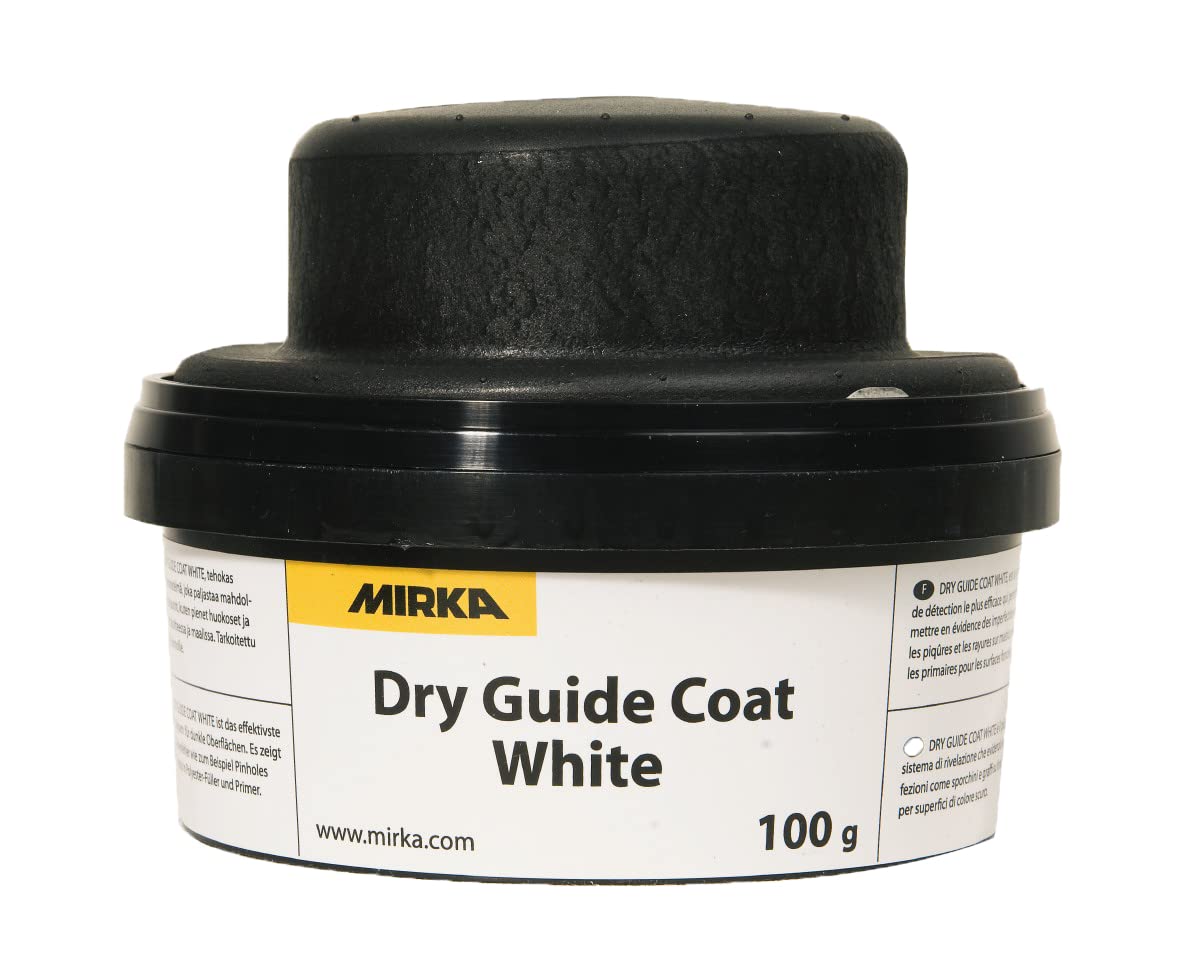 Mirka Dry Guide Coat White with applicator for masking-free prep on dark surfaces