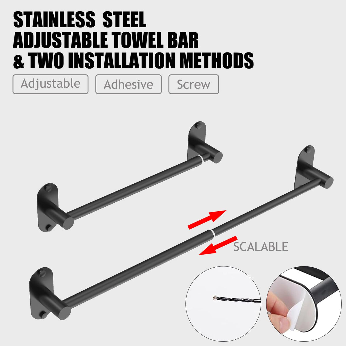 MIROAMZ towel bar with adhesive and screws offering versatile mounting options.