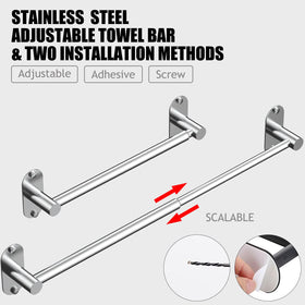 MIROAMZ towel bar shows self-adhesive and screw mounting options.