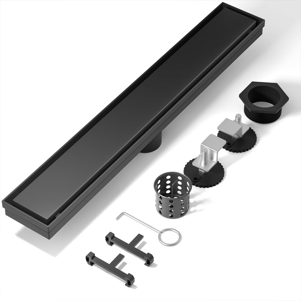 Mirravative 12-inch linear drain top view promotes seamless shower floor aesthetics