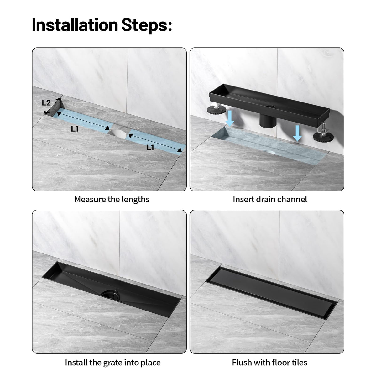 Mirravative black finish on shower drain adds modern, low-profile style