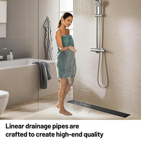 Mirravative linear drain hair strainer closeup highlights debris filtration for easy maintenance