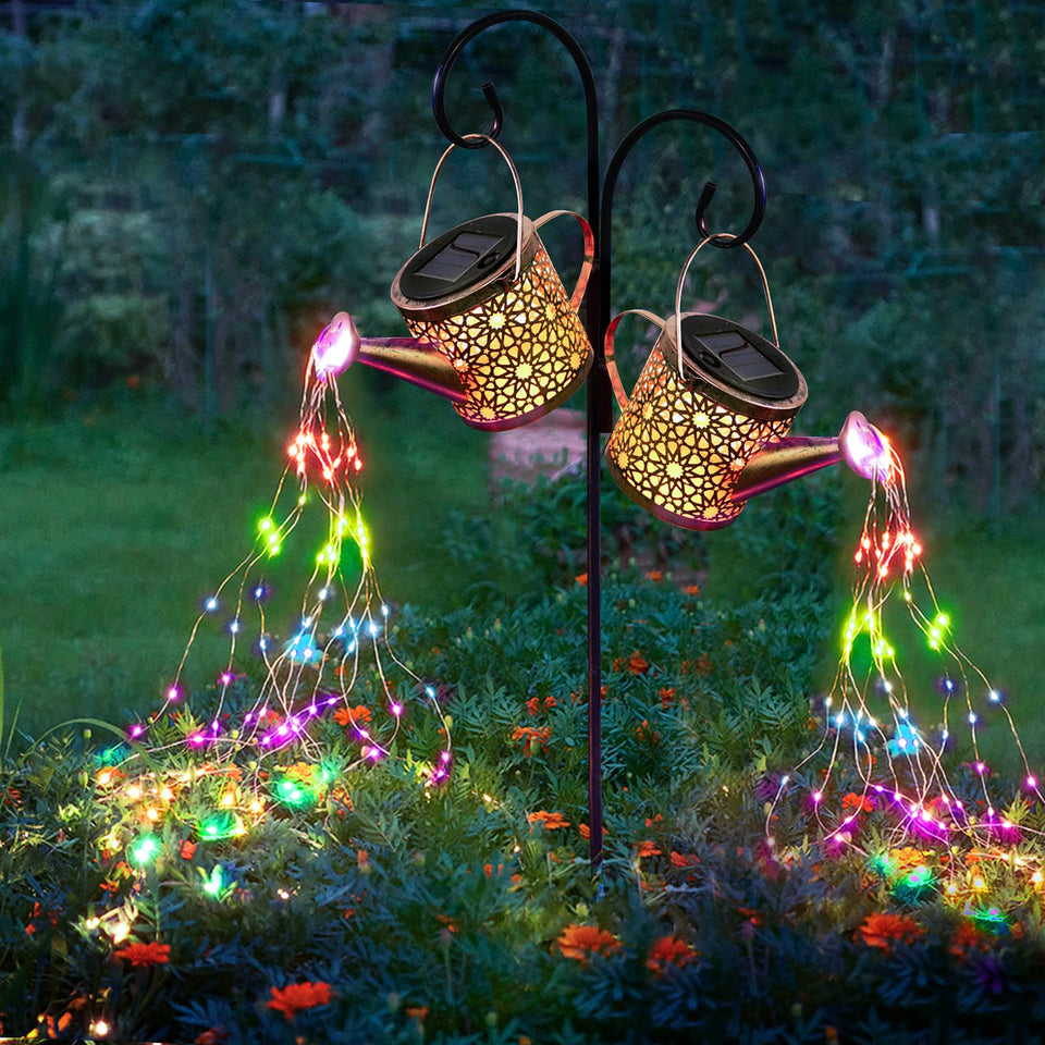 Misawce solar watering can lights—two-pack for charming garden ambiance after dark.