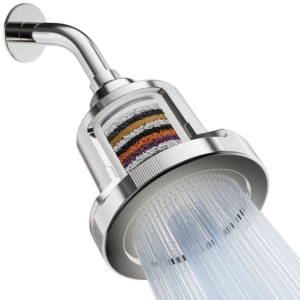 Mist shower filter head chrome close-up showing high-output design for soft skin and hair.