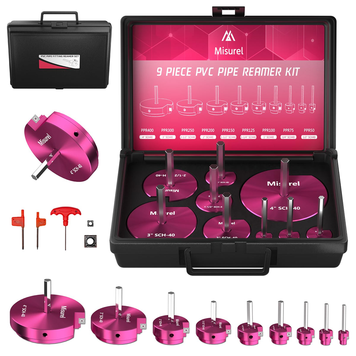 Misurel PVC Pipe Reamer Kit with nine sizes for versatile plumbing tasks.