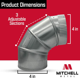 Mitchell Metal 90-degree galvanized duct elbow for reliable HVAC connections.