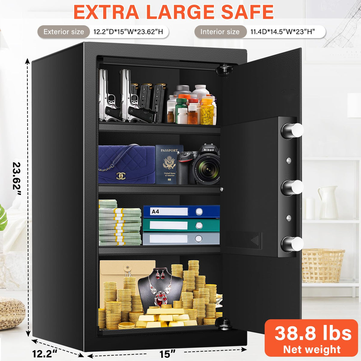 Mitlvge safe interior with 3 removable shelves for valuables