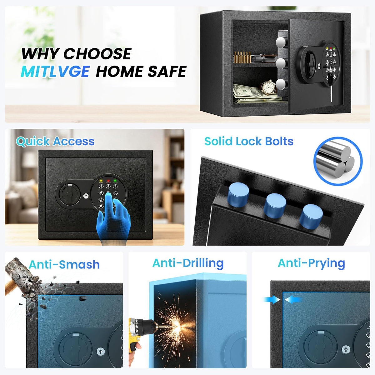 Mitlvge wall mounting kit shown for secure anchoring and theft deterrence.