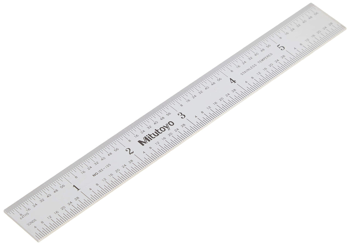 Mitutoyo 182-105 steel rule with satin-chrome finish for glare-free readability.