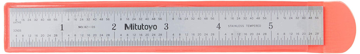 Mitutoyo 182-105 steel rule close-up showing durable edge and clear graduations.