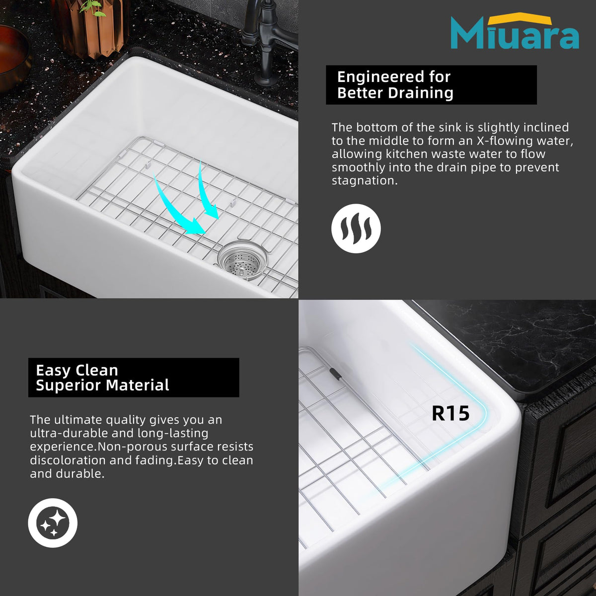 Miuara 33-inch kitchen sink wide-angle showcasing generous interior