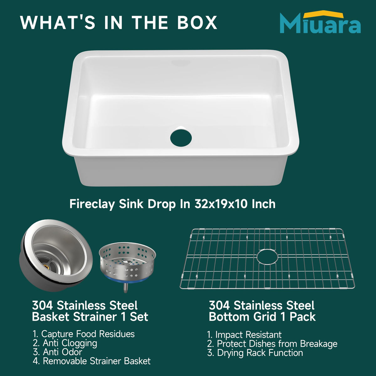 Miuara white kitchen sink bottom grid and strainer protect surface and aid drying