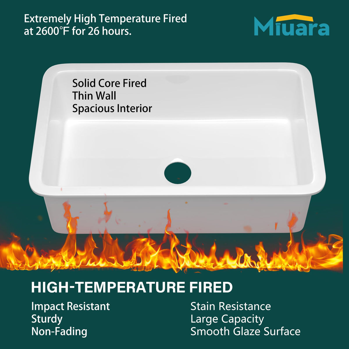 Miuara white undermount sink center drain promotes efficient water flow