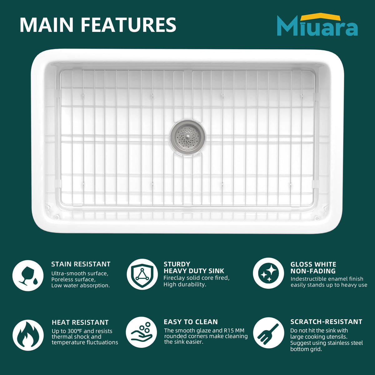 Miuara white undermount 32 inch sink side view showcases seamless glossy glaze