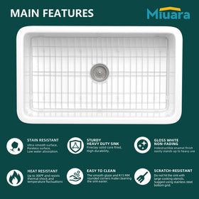 Miuara white undermount 32 inch sink side view showcases seamless glossy glaze
