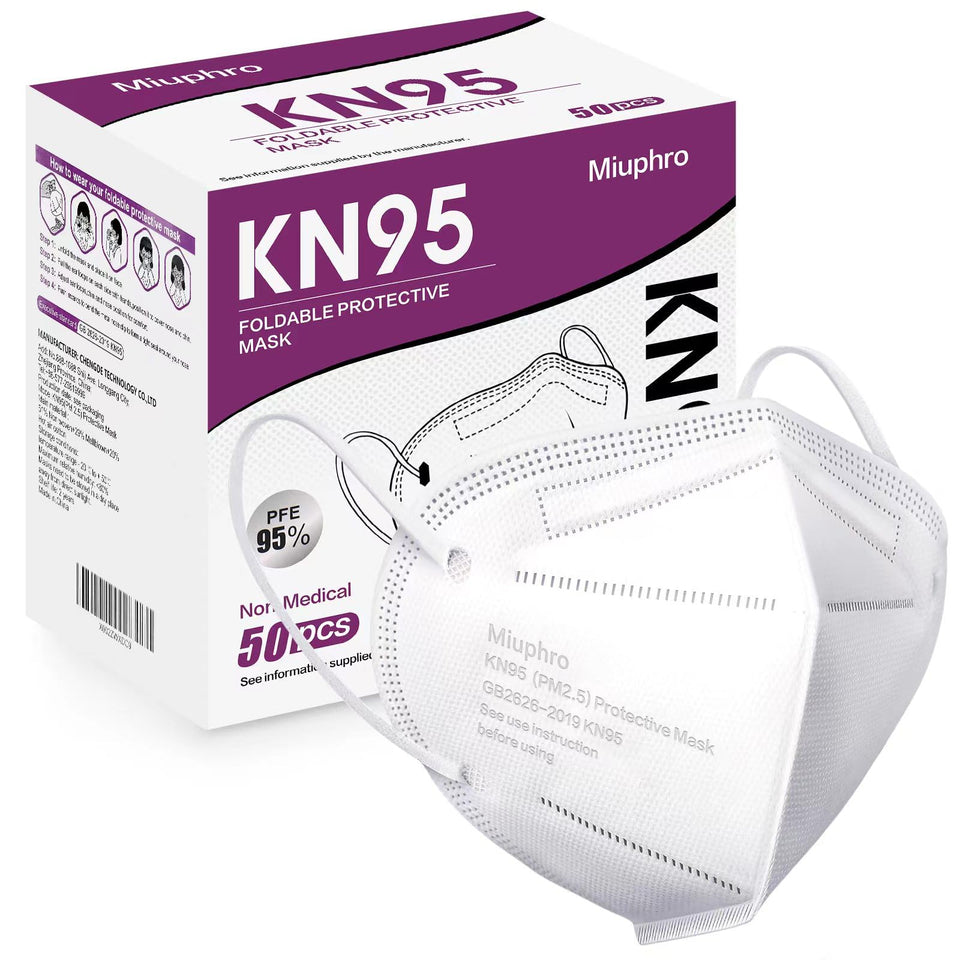 Miuphro KN95 mask front view in white showing five-layer design for daily use.