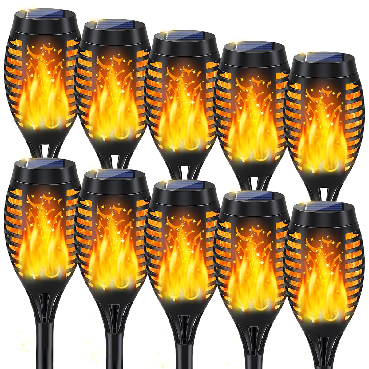 MIUSIKIT solar torch light with dancing flame decorating a garden.