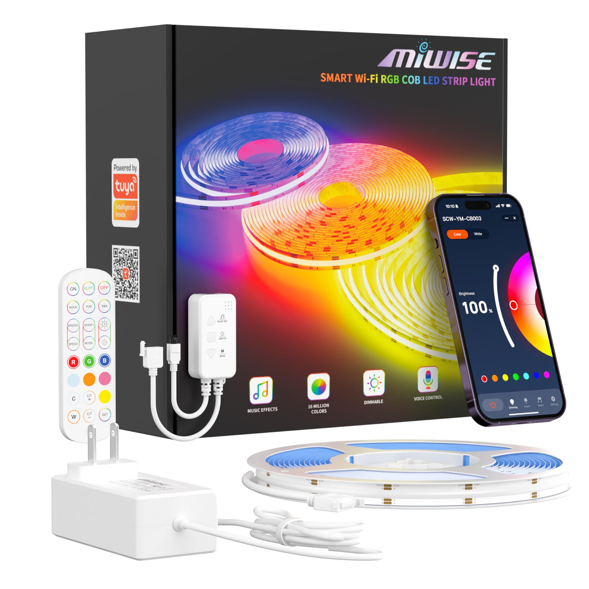 MIWISE RGB COB LED strip light front view shows seamless illumination for living spaces.