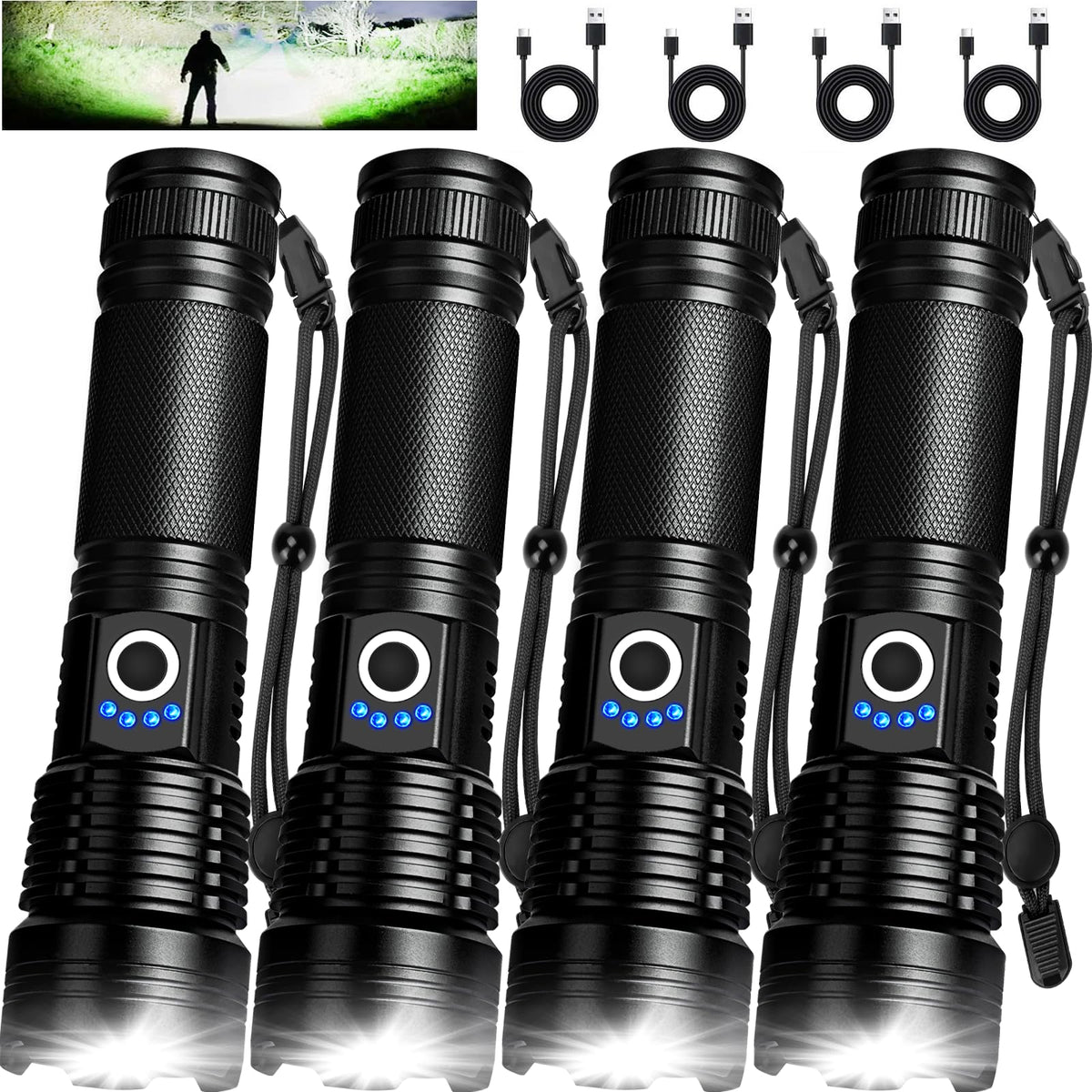 Mixilin rechargeable flashlights four-pack front view showing compact, dependable home and outdoor lighting.
