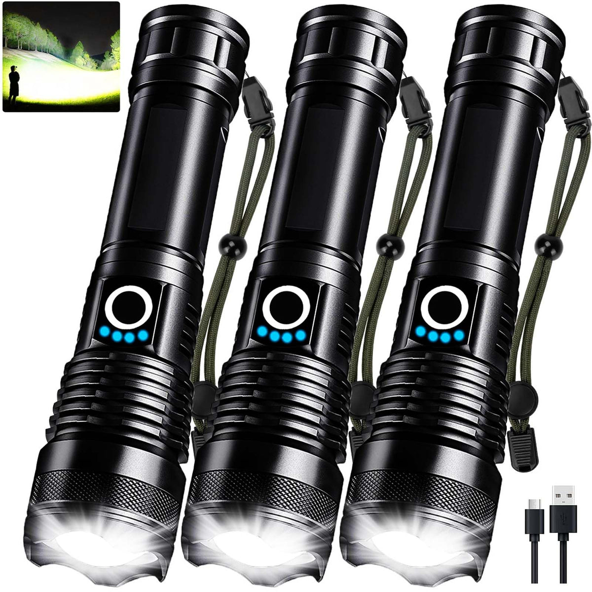 MIXILIN three-pack rechargeable LED flashlights with adjustable beam for versatile lighting in homes and outdoors.
