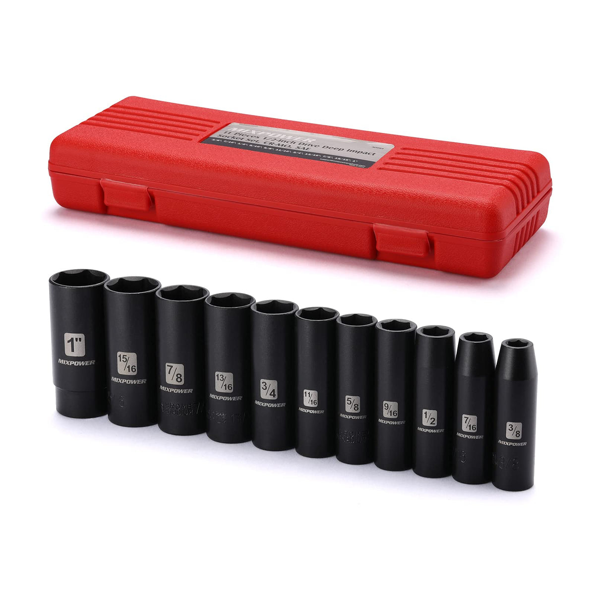 MIXPOWER 11-piece deep socket set with 1/2 inch drive from 3/8 to 1 inch for high torque tasks