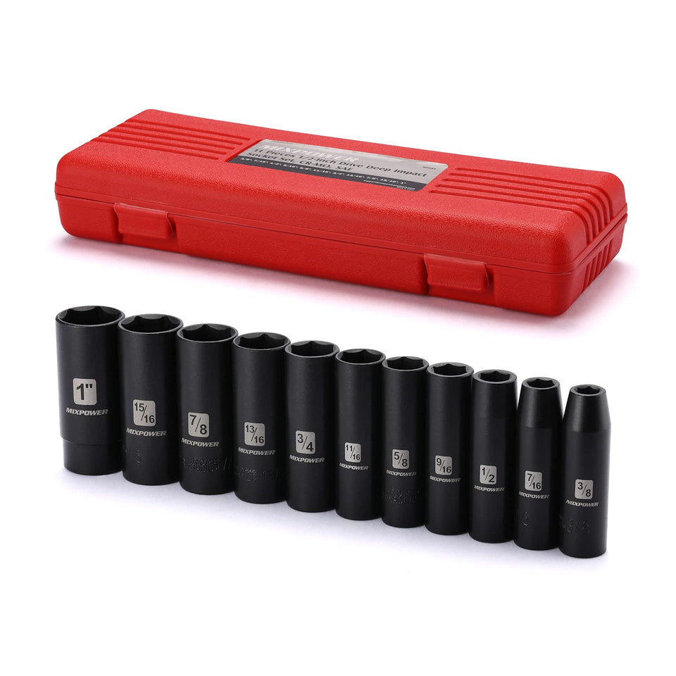 MIXPOWER 11-piece deep socket set with 1/2 inch drive from 3/8 to 1 inch for high torque tasks