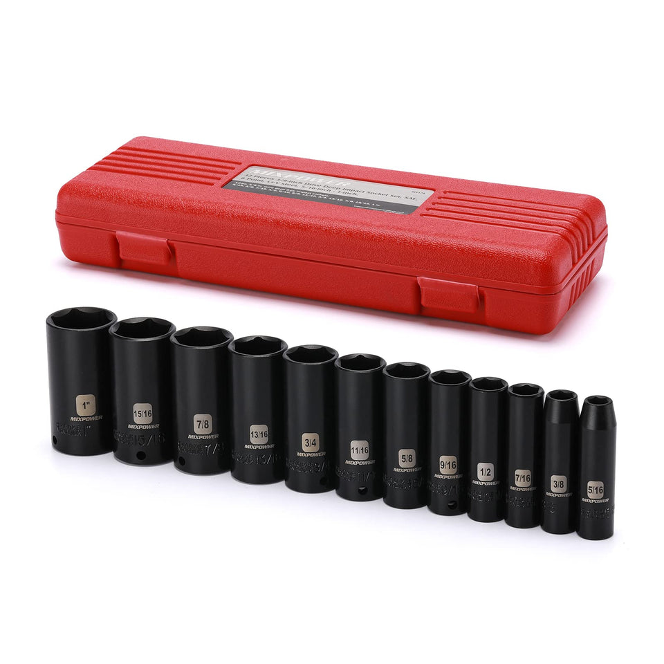 MIXPOWER 12-piece deep sockets set with CR-V steel for high-torque tasks.