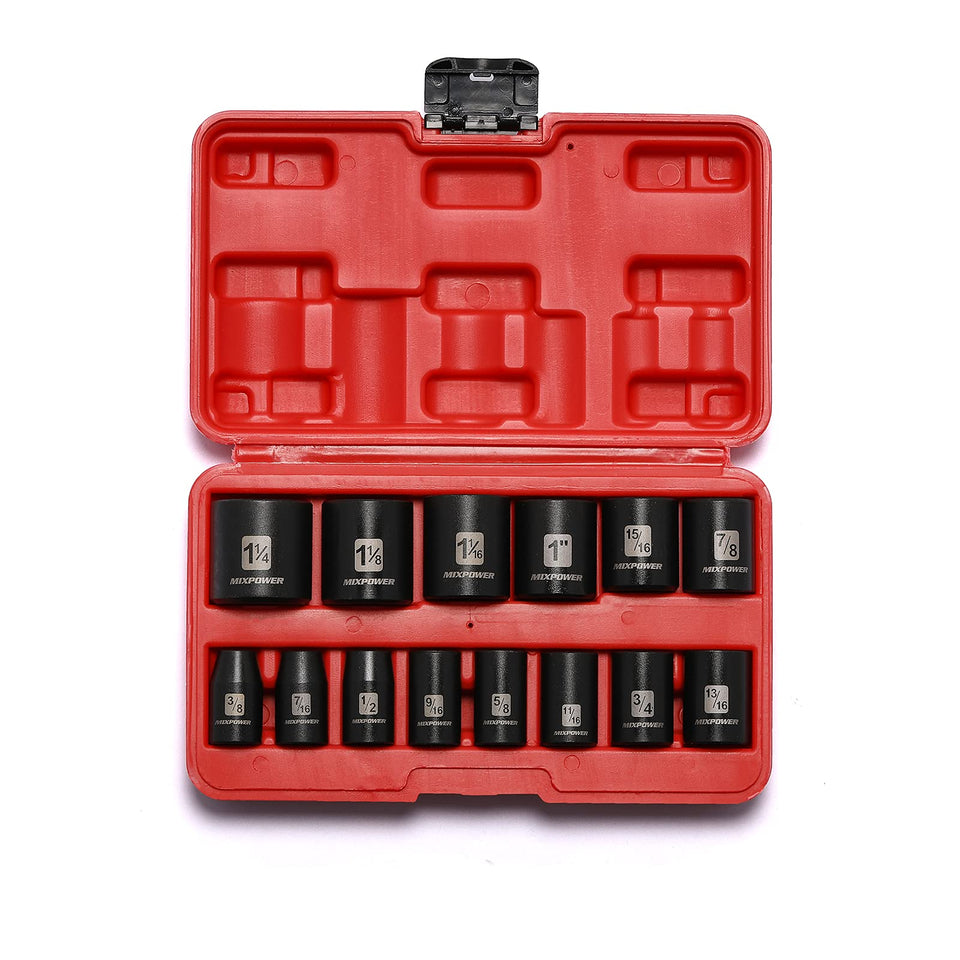 MIXPOWER 14-piece 1/2-inch drive shallow sockets for versatile fastener tasks.