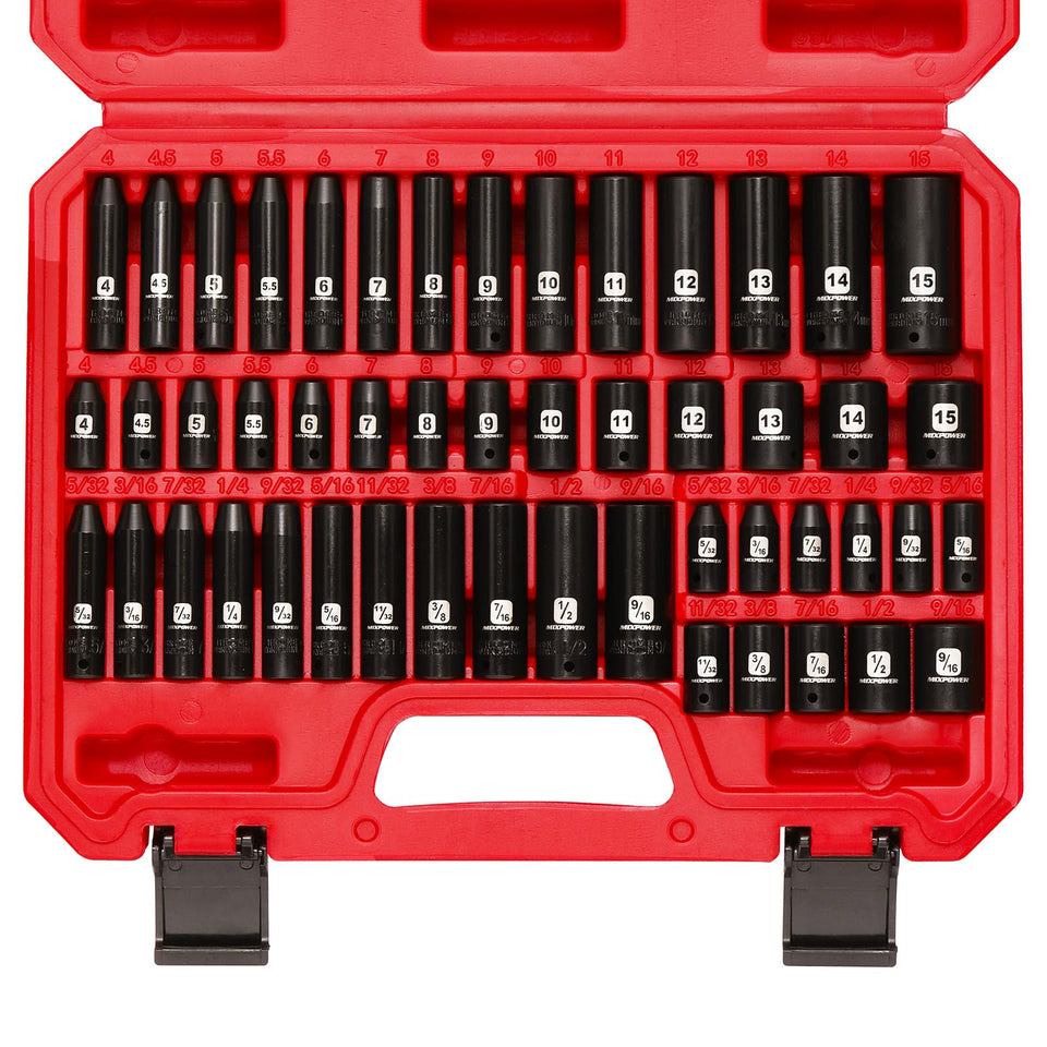 MIXPOWER 50-piece 1/4 inch drive impact socket set laid out for easy selection.