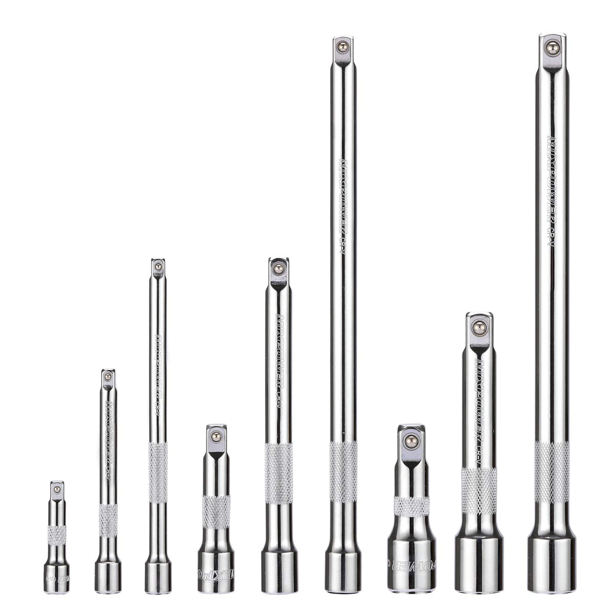 MIXPOWER 9-piece extension bar set with 4-inch reach for mid-reach fasteners.