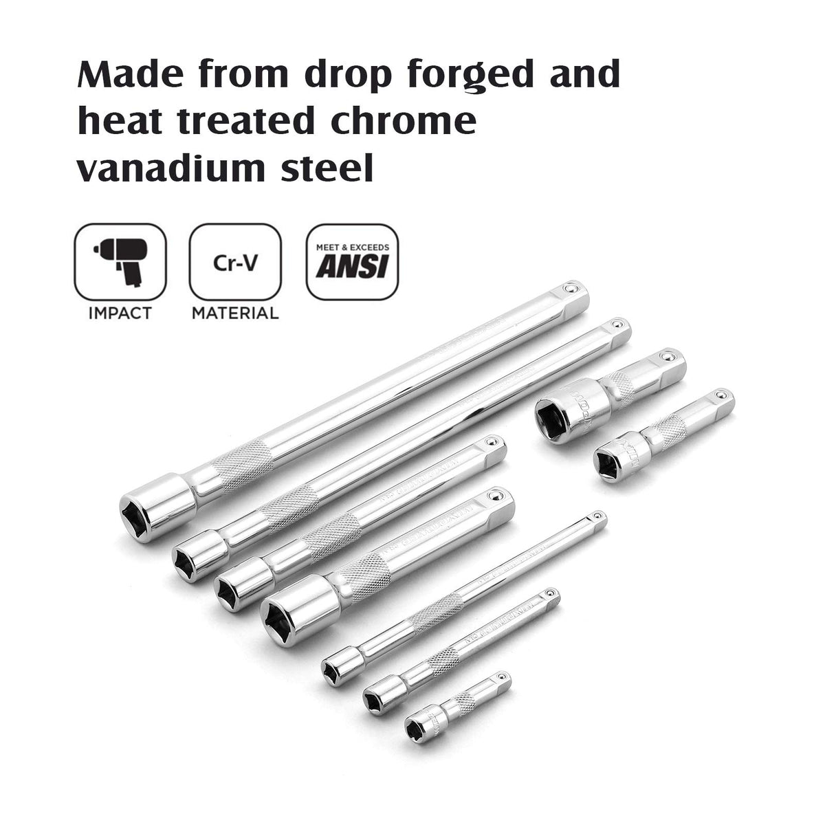 MIXPOWER 9-piece extension bar set with 6-inch reach for hard-to-access areas.