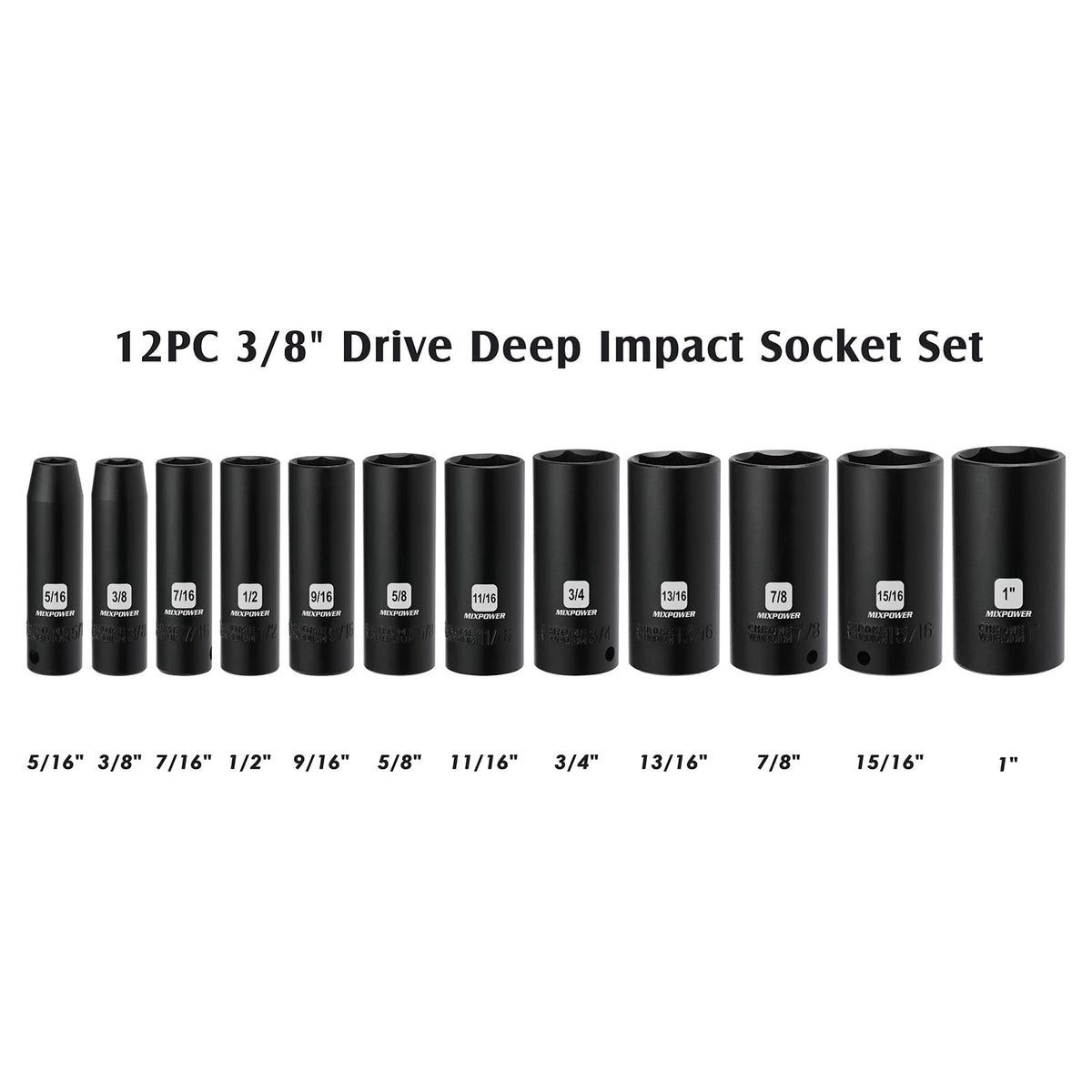 MIXPOWER three-eighths-inch deep sockets with six-point design for secure grip.