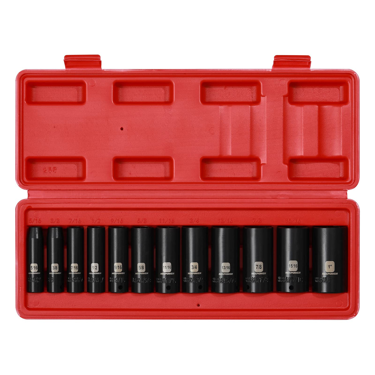 MIXPOWER five-sixteenth-inch and three-eighths-inch deep sockets shown for versatile fasteners.