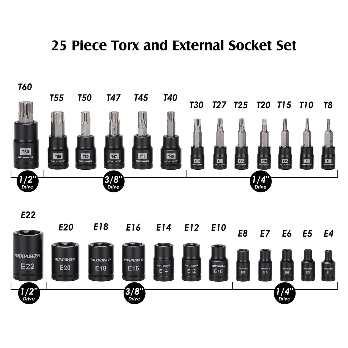 MIXPOWER E‑Torx sockets E4–E22 for secure fastener engagement